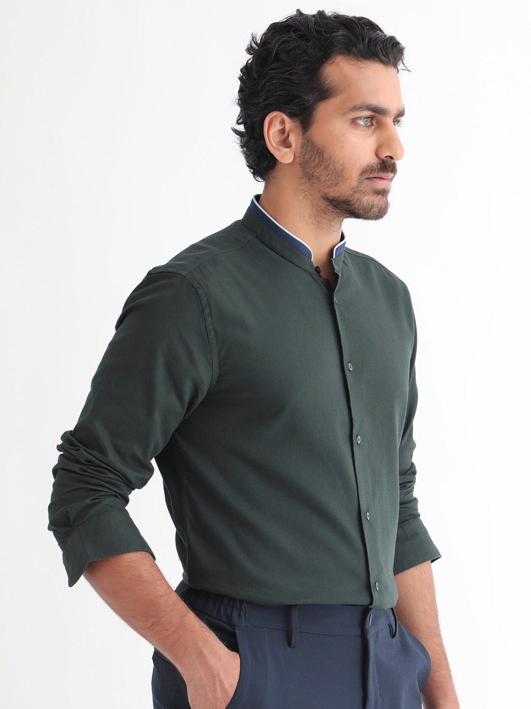 RARE RABBIT Men Tehran Band Collar Slim Fit Shirt