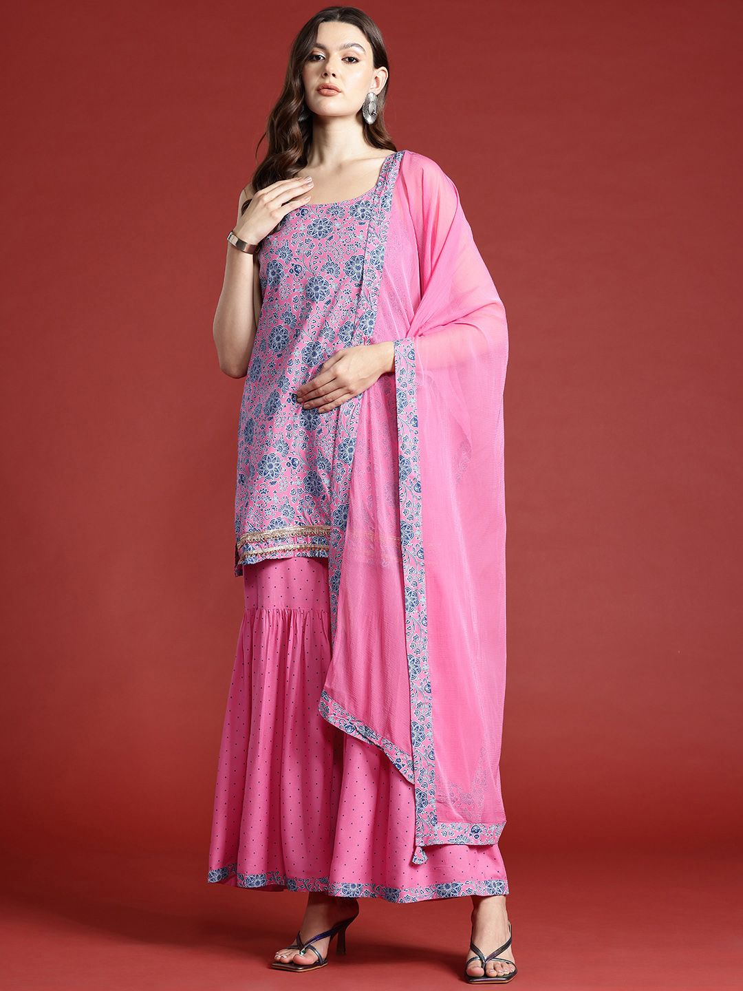 Anouk Floral Printed Regular Kurti with Sharara & With Dupatta