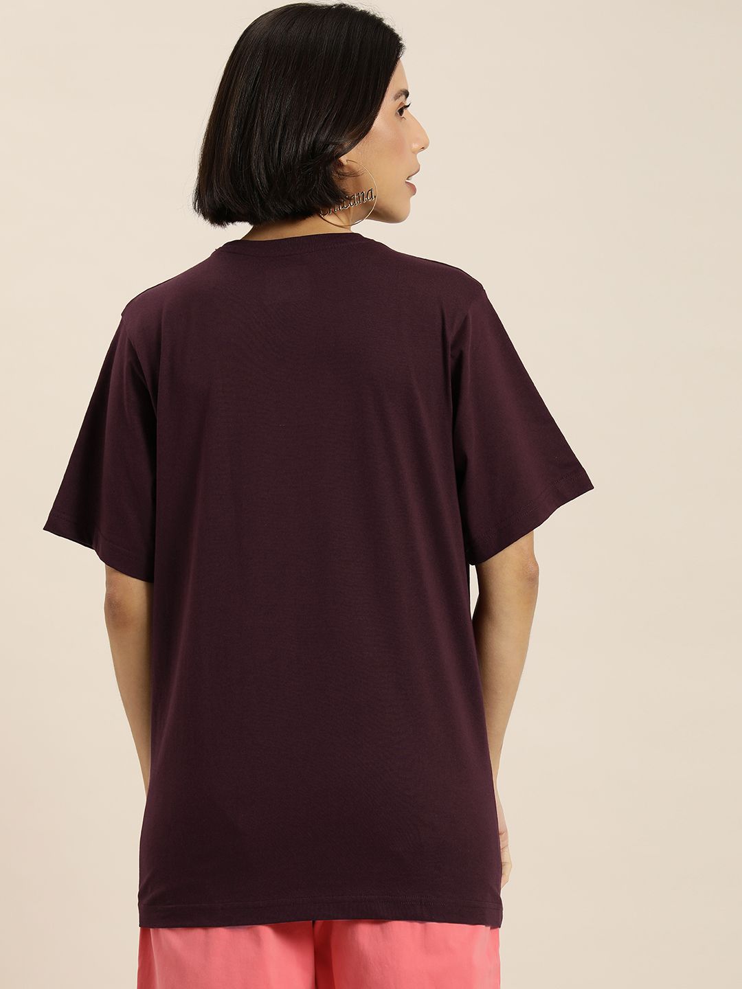 DILLINGER Women Burgundy & Cream-Coloured Typography Pure Cotton Oversized T-shirt