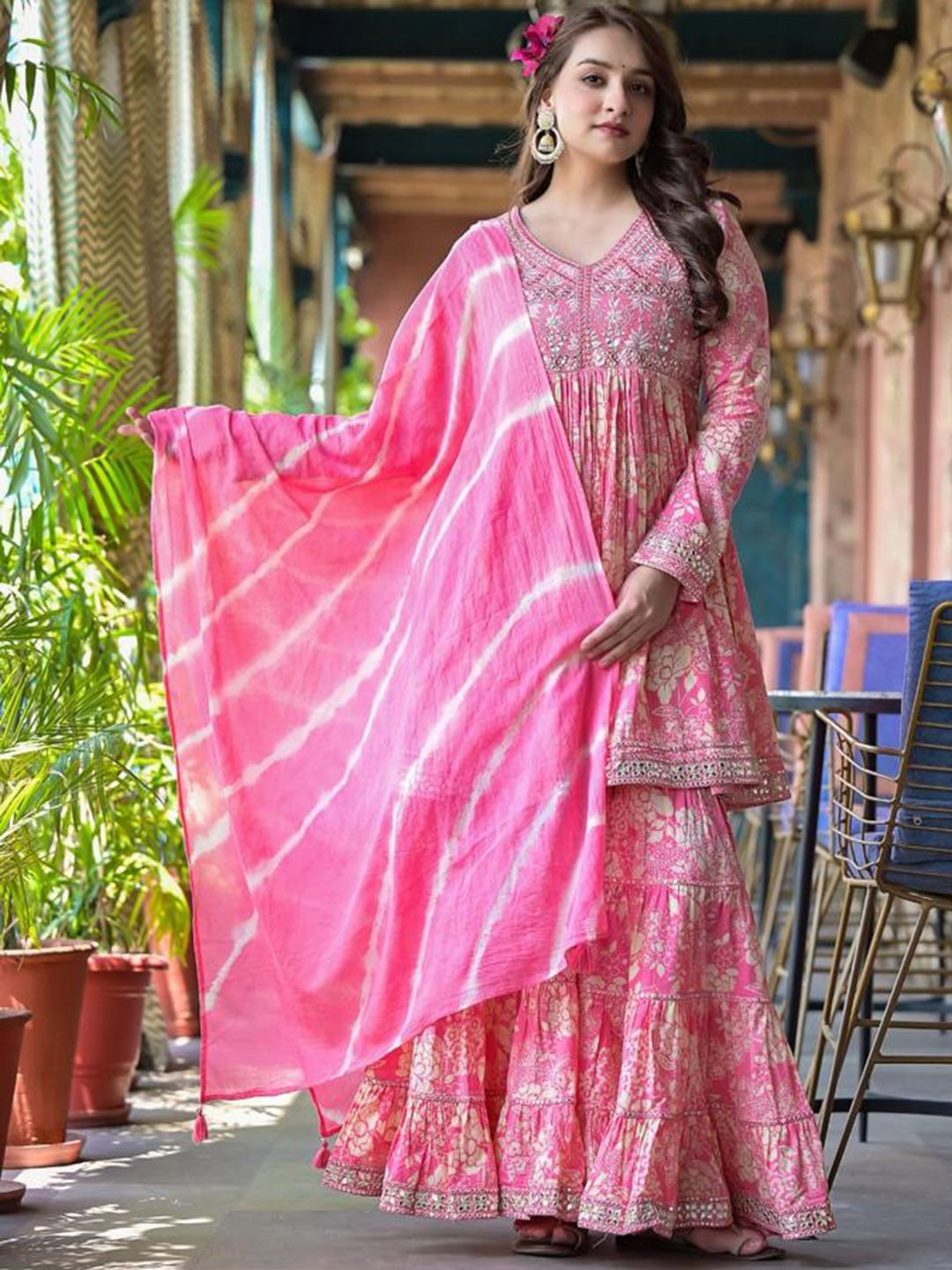 Varanga Floral Printed Mirror Work Anarkali Kurta With Sharara & Dupatta
