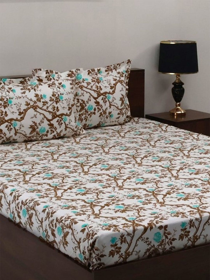 BOMBAY DYEING Brown Floral Cotton 144 TC Fitted Queen Bedsheet Set-1.52cmX1.98 cmX 30 cm