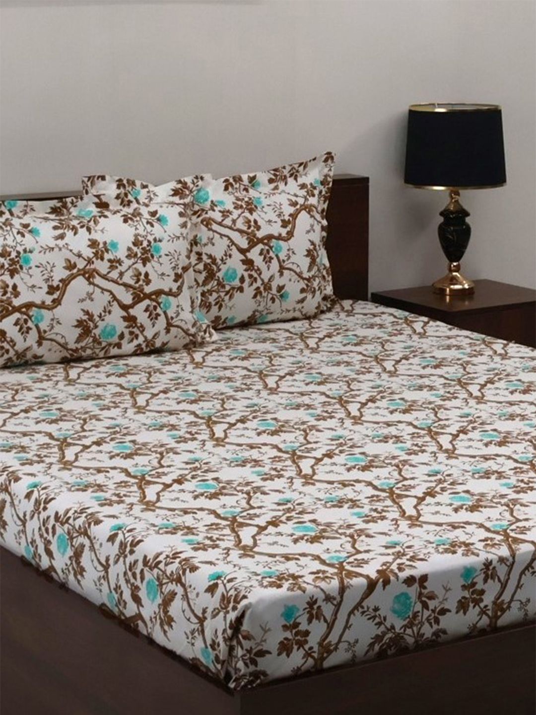 BOMBAY DYEING Brown Floral Cotton 144 TC Fitted Queen Bedsheet Set-1.52cmX1.98 cmX 30 cm