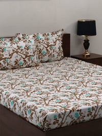 BOMBAY DYEING Brown Floral Cotton 144 TC Fitted Queen Bedsheet Set-1.52cmX1.98 cmX 30 cm