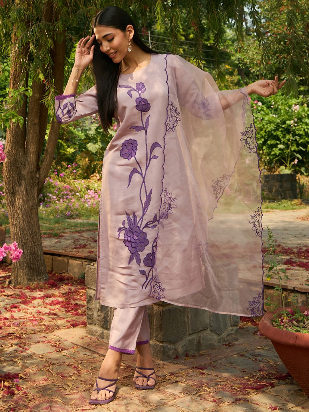 Indo Era Round Neck Floral Embroidered Kurta with Trouser & Dupatta