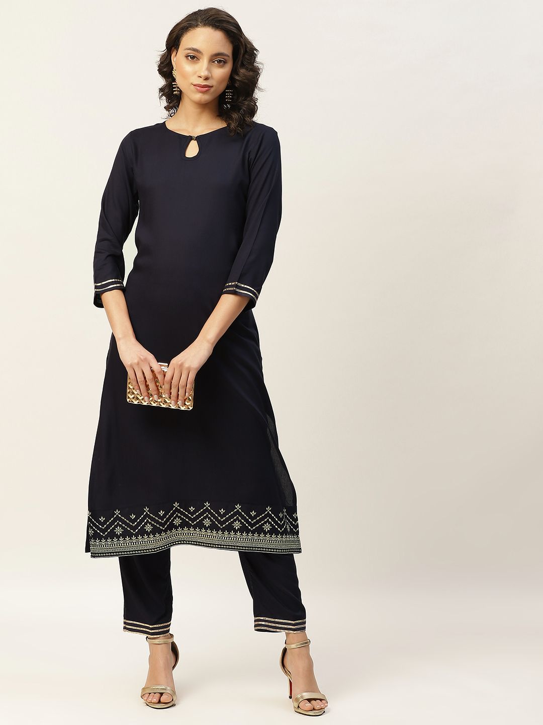 Shae by SASSAFRAS Women Navy Blue Solid Kurta with Trousers