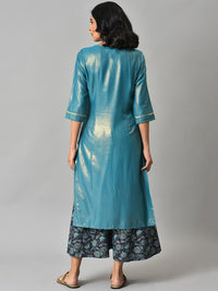Aurelia Women Blue Zari Embroidered Kurta with Printed Culottes