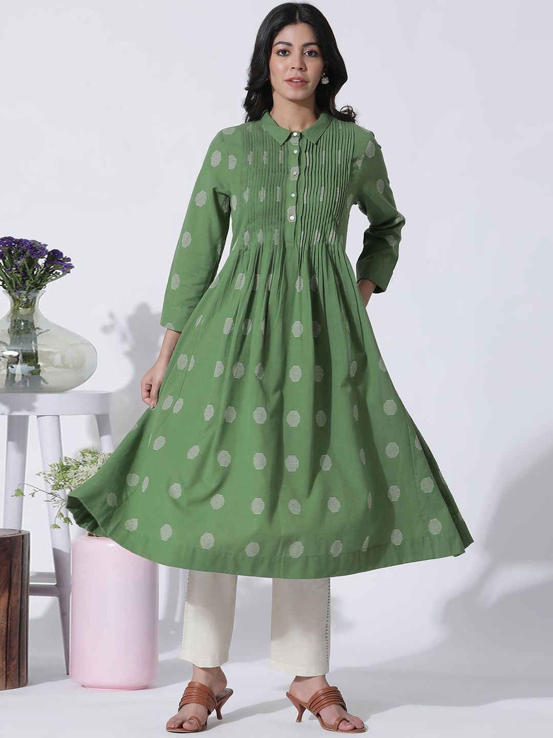 W Ethnic Motifs Printed Shirt Collar Anarkali Kurta with Trousers