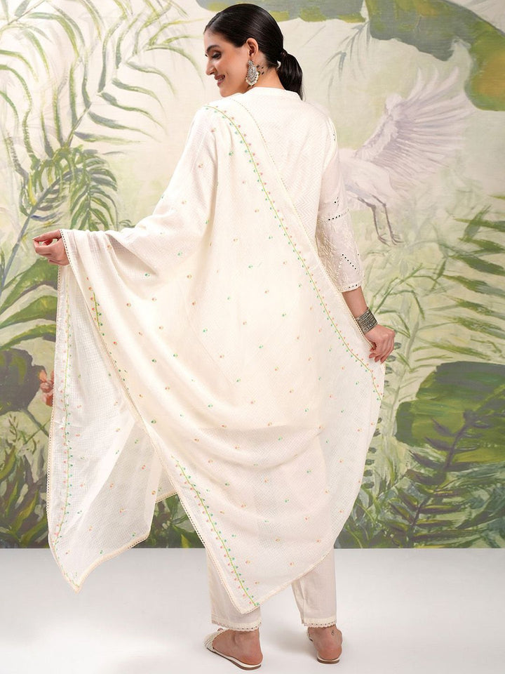 Vishudh Cream Coloured Mirror Work Pure Cotton A-Line Kurti With Trousers & Dupatta
