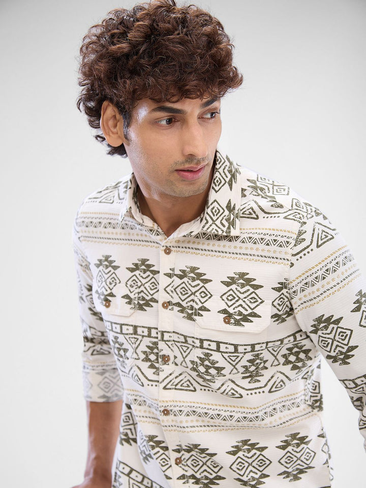 SPYKAR Men Slim Fit Opaque Ethnic Motifs Printed Spread Collar Casual Shirt