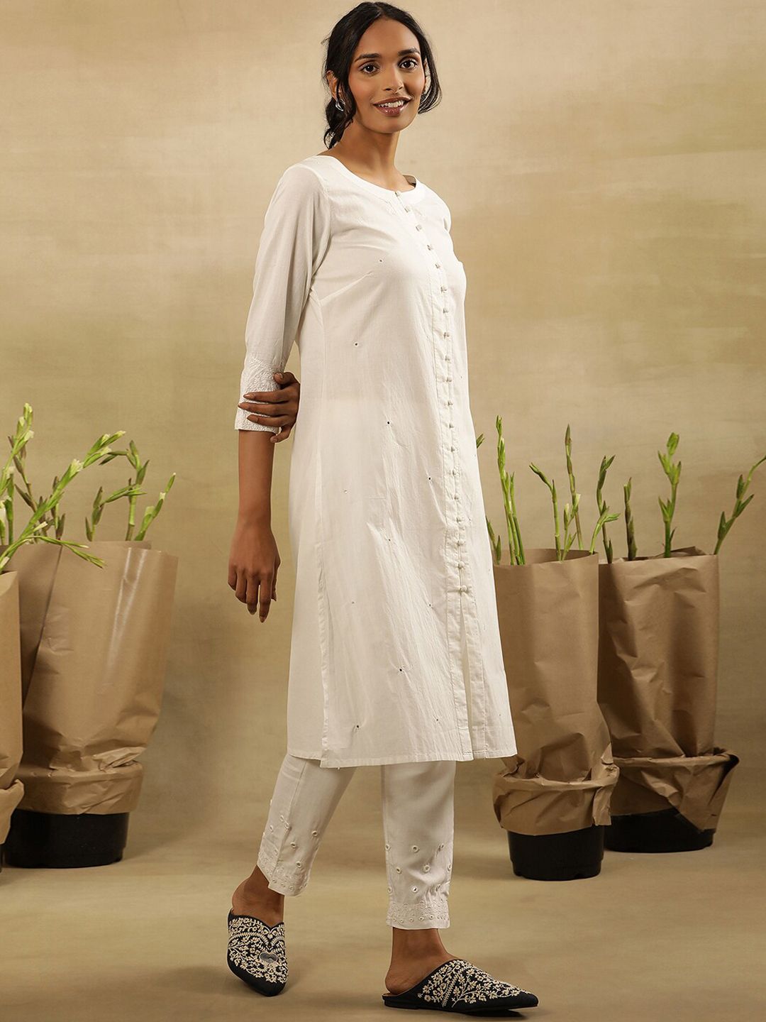 W Embellished Sequinned Pure Cotton Straight Kurta