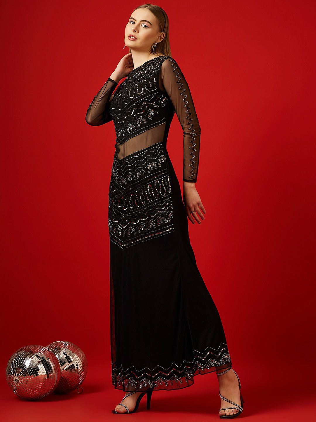 STREET 9 Embellished Sequinned Long Sleeves Net Maxi Dress