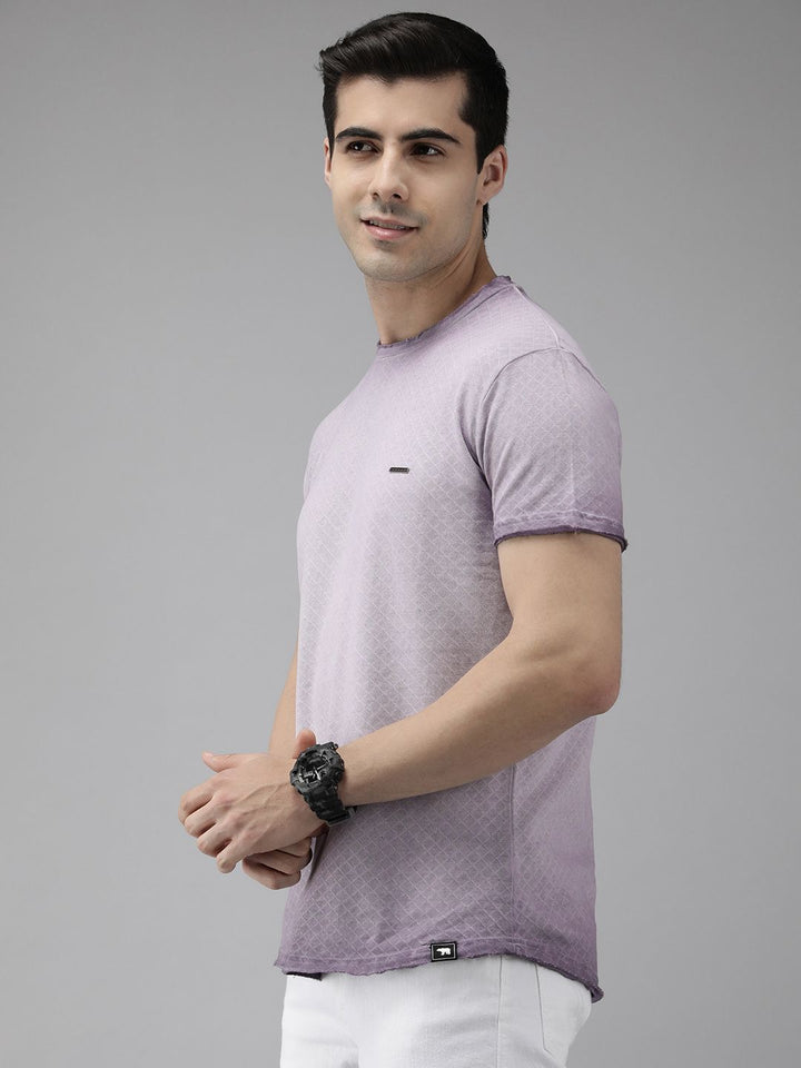 THE BEAR HOUSE Men Lavender Self Design Pure Cotton Slim Fit T-shirt