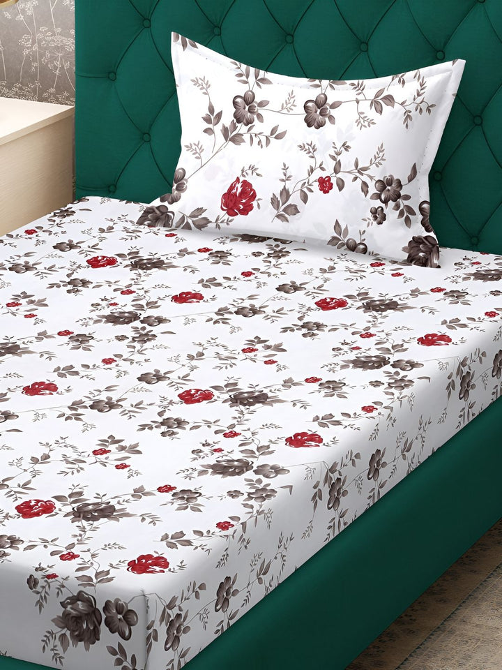 KLOTTHE White Floral 300 TC Cotton Blend Dilengkapi Cadar Bujang dengan Sarung Bantal