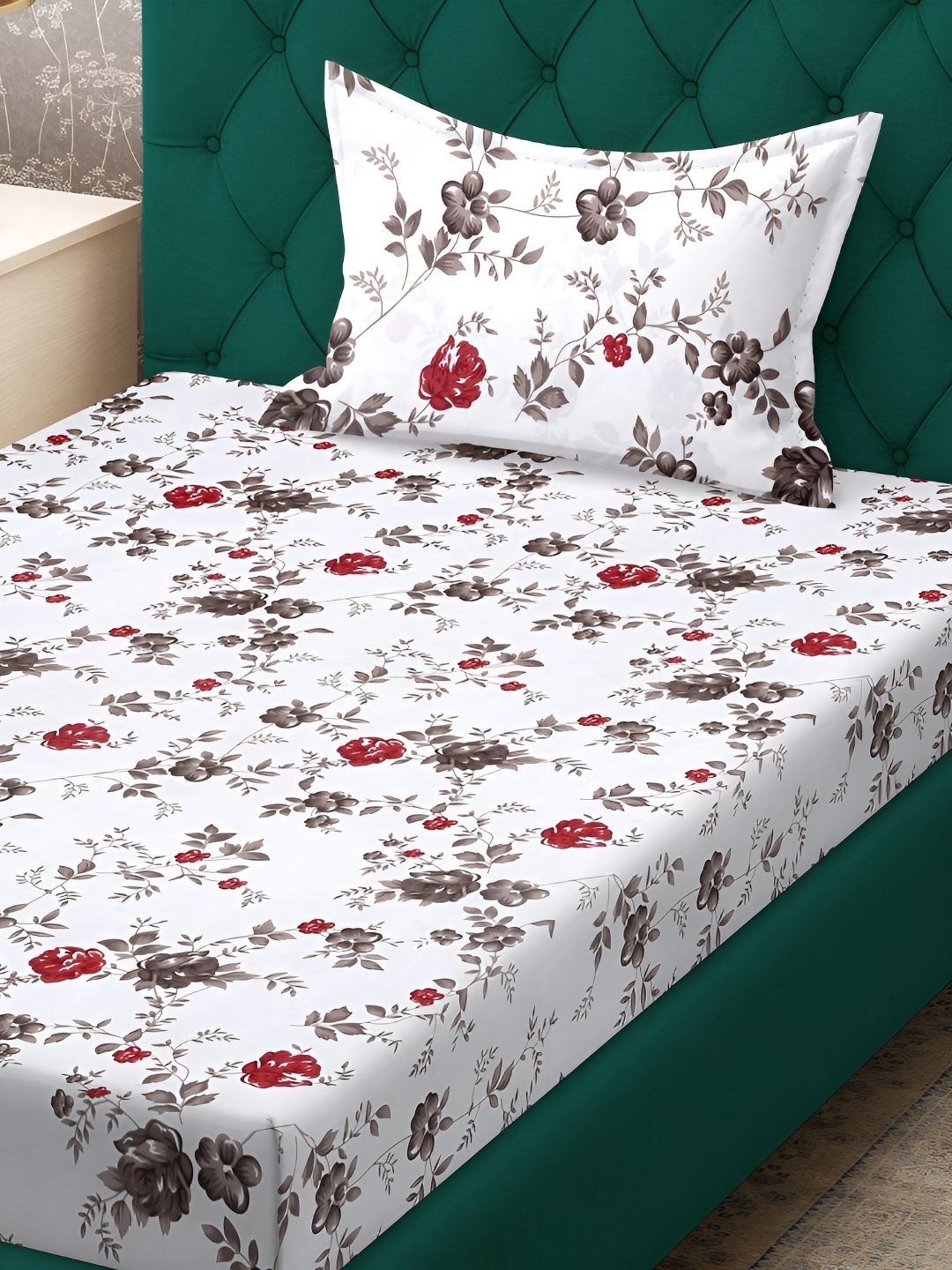 KLOTTHE White Floral 300 TC Cotton Blend Dilengkapi Cadar Bujang dengan Sarung Bantal
