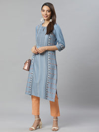 W Women Blue & Black Printed Straight Kurta
