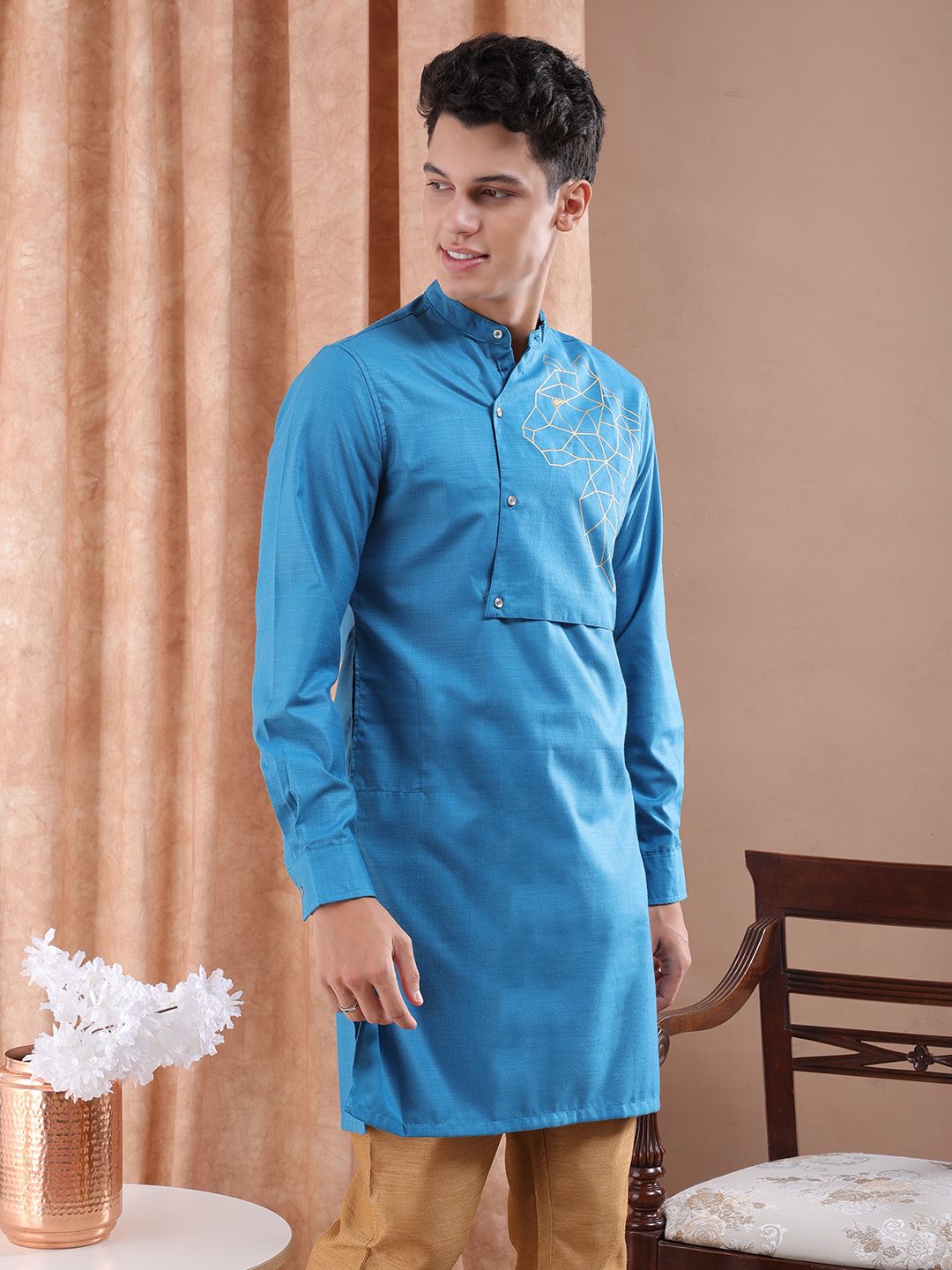 The Indian Garage Co Men Teal Blue Solid Angrakha Kurta with Printed Detail