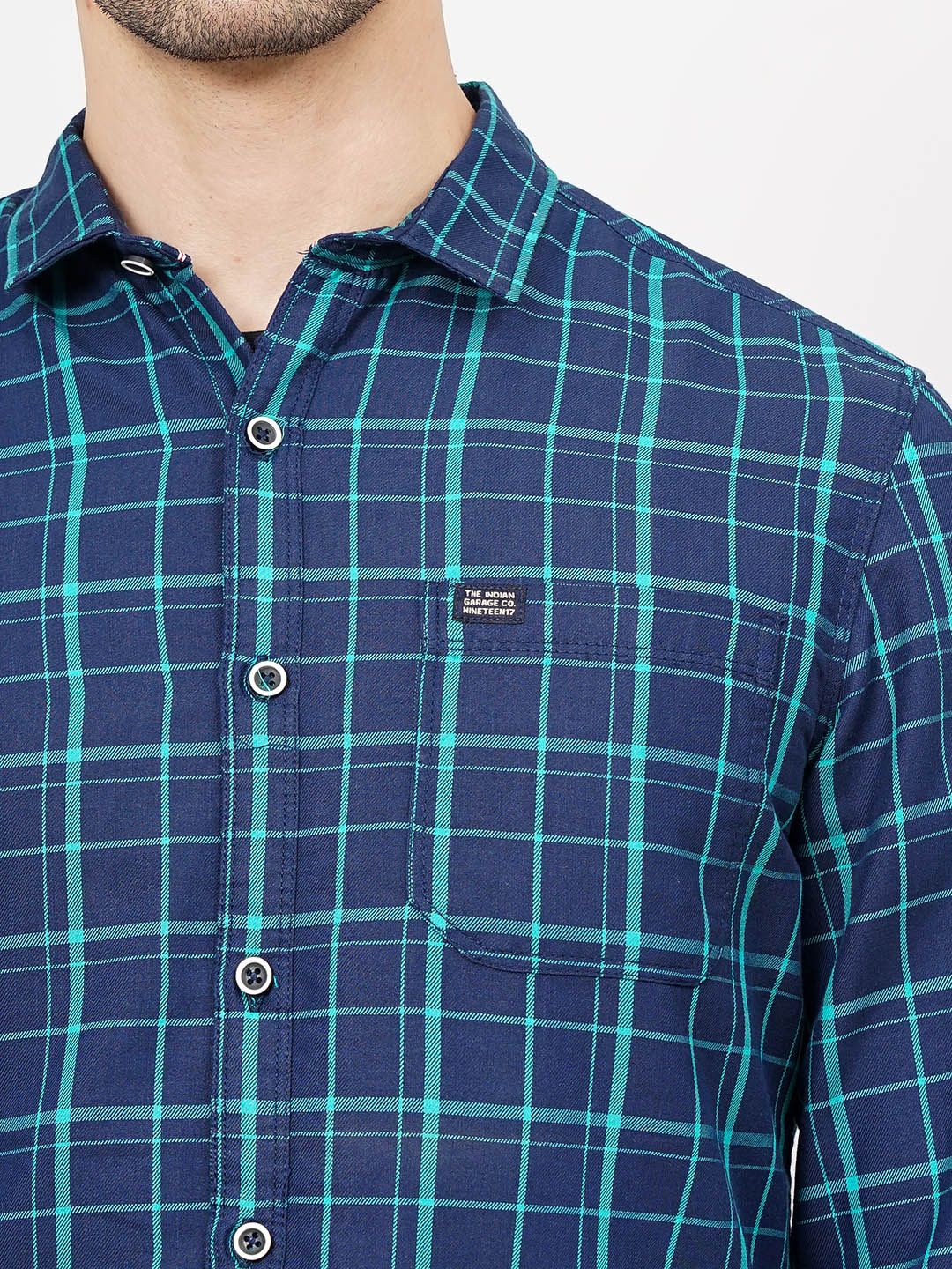 The Indian Garage Co Men Navy Blue & Green Slim Fit Checked Casual Shirt