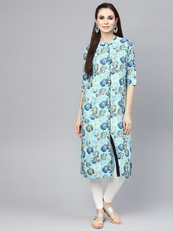 SOJANYA Wanita Biru & Kelabu Floral Printed Kurta Lurus