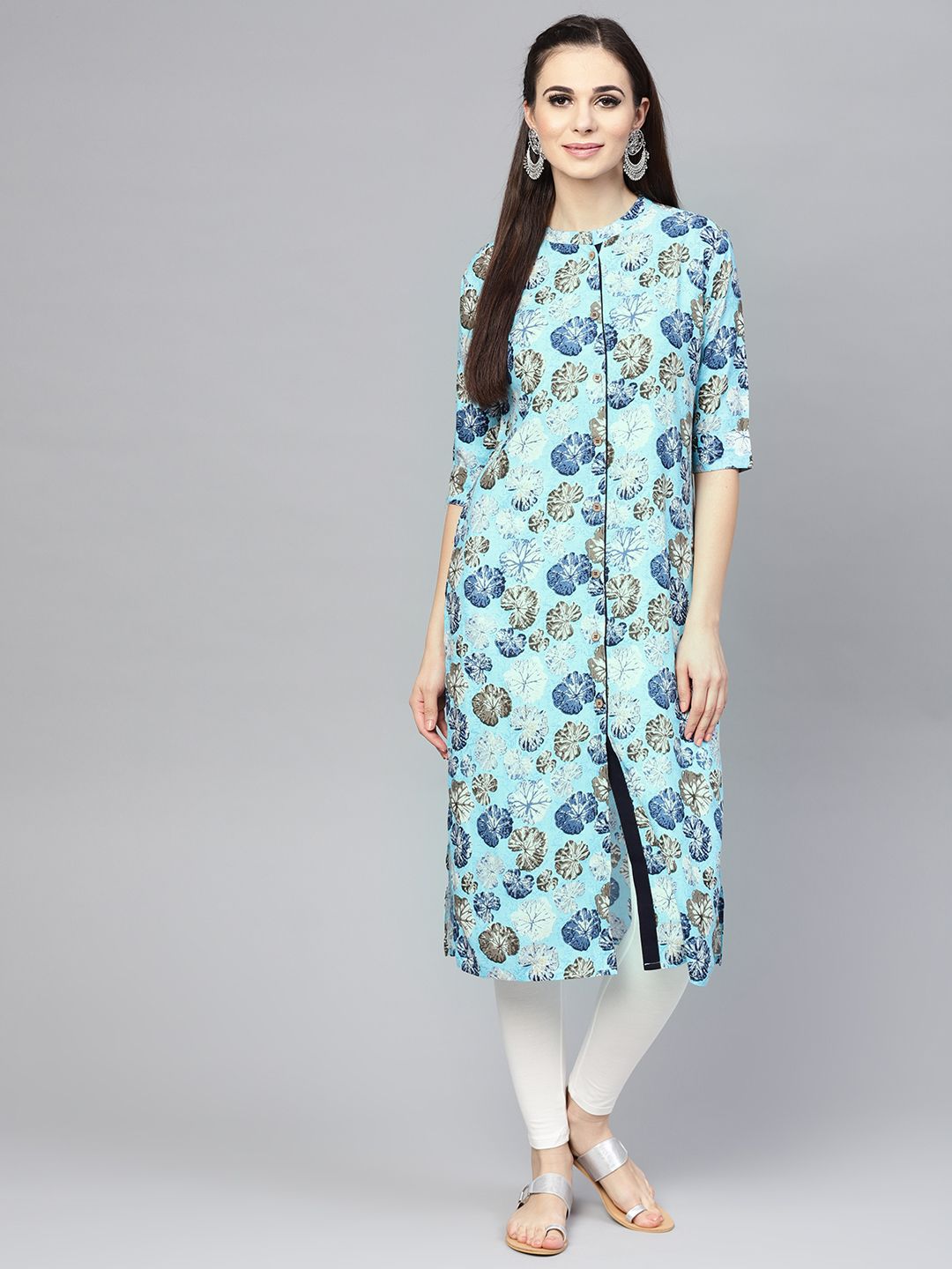 SOJANYA Wanita Biru & Kelabu Floral Printed Kurta Lurus