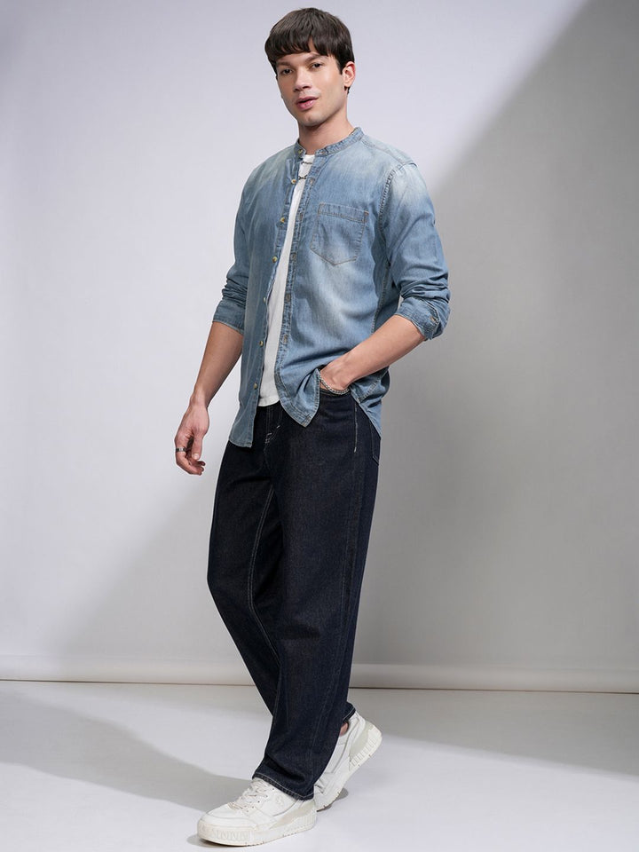 HIGHLANDER Men Blue Slim Fit Faded Casual Denim Shirt
