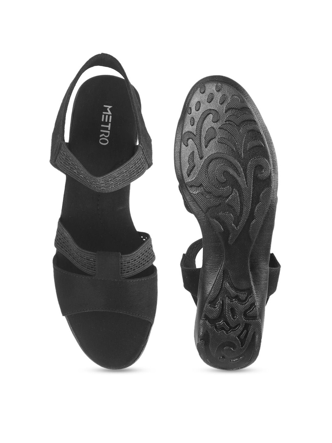 Metro Women Black Textured Open Toe Flats