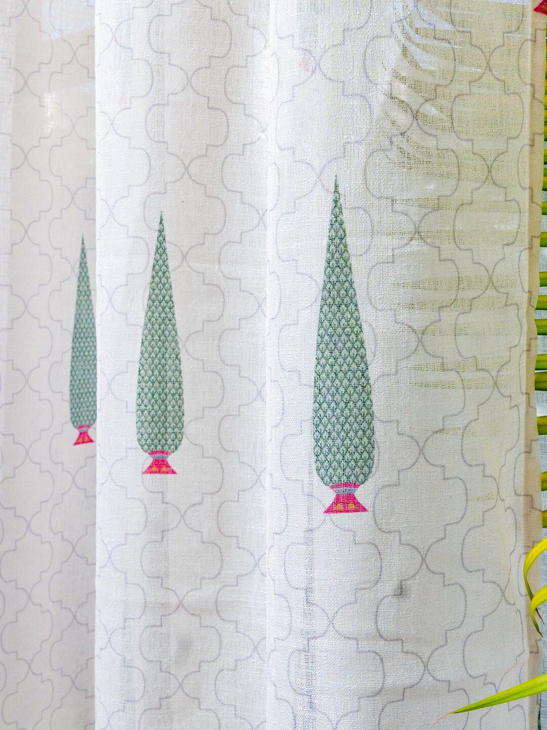 URBAN SPACE White & Green 2 Pieces Floral Printed Sheer Long Door Curtains