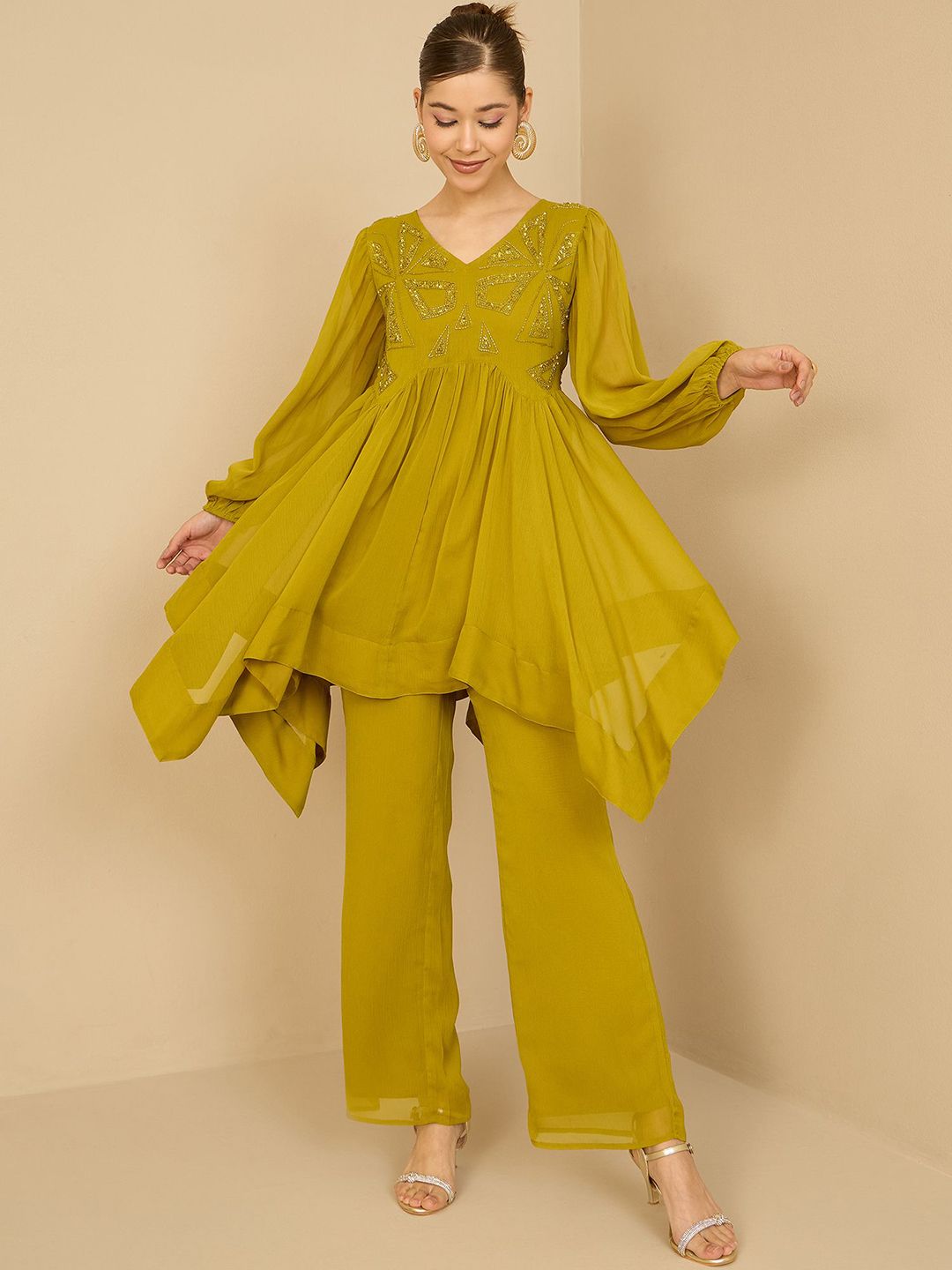 Antheaa Women Embellished V-Neck Tunic With Trouser