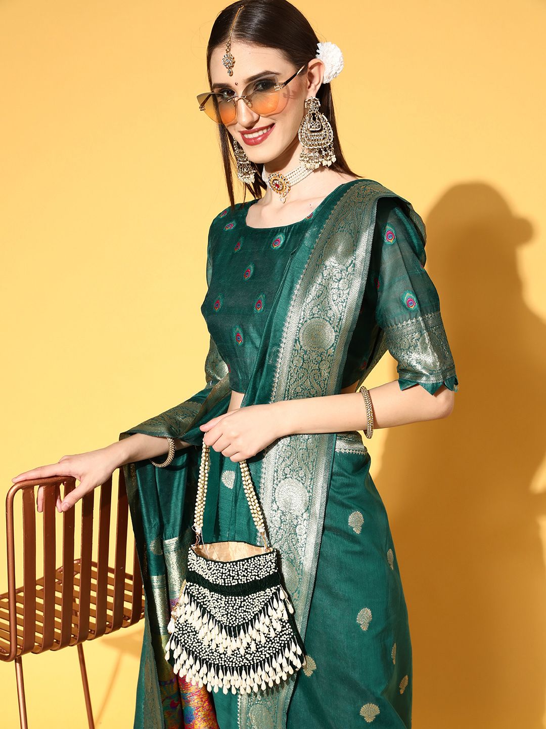 Saree mall Teal Green Ethnic Motifs Silk Blend Sarees