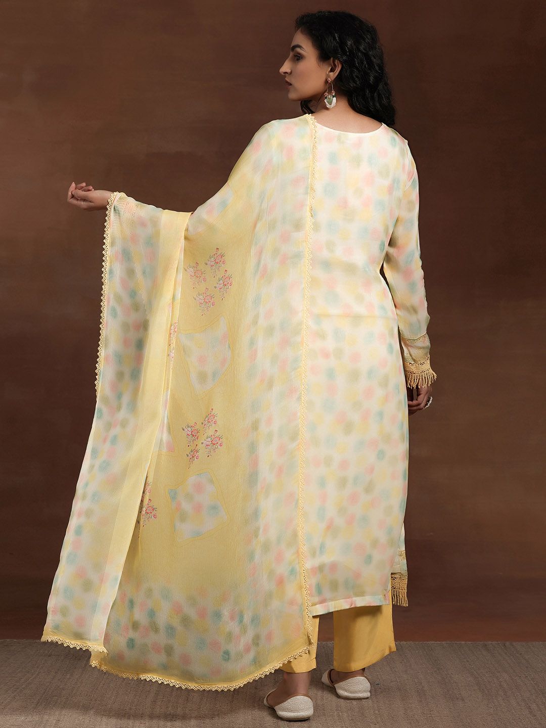 Libas Yellow Floral Printed V-Nek Beads and Stones Straight Kurta with Palazzos & Dupatta