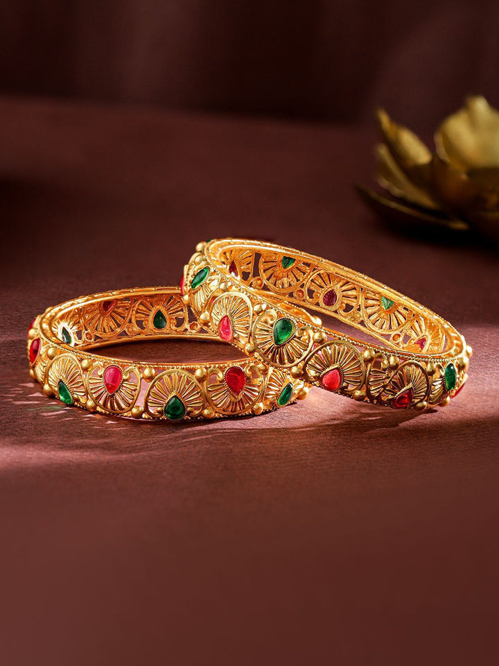 Rubans Set of 2 24K Gold-Plated Handcrafted Bangles with Ruby Red & Emerald Green Stones