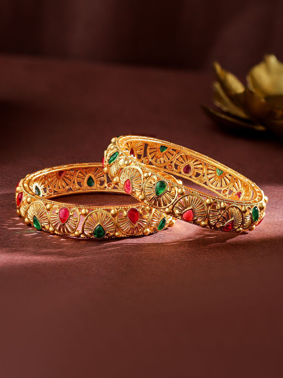 Rubans Set of 2 24K Gold-Plated Handcrafted Bangles with Ruby Red & Emerald Green Stones