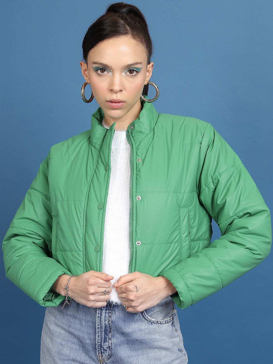 Tokyo Talkies Green Mock Collar Crop Padded Jacket