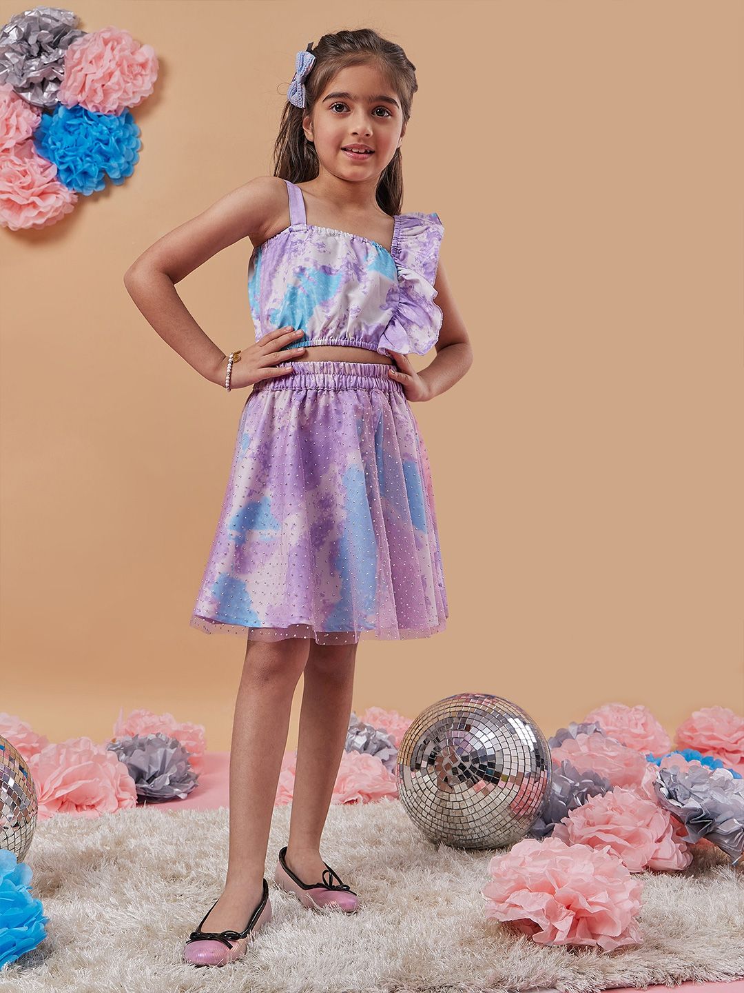 pspeaches Girls Shoulder Straps Printed Top With Skirt