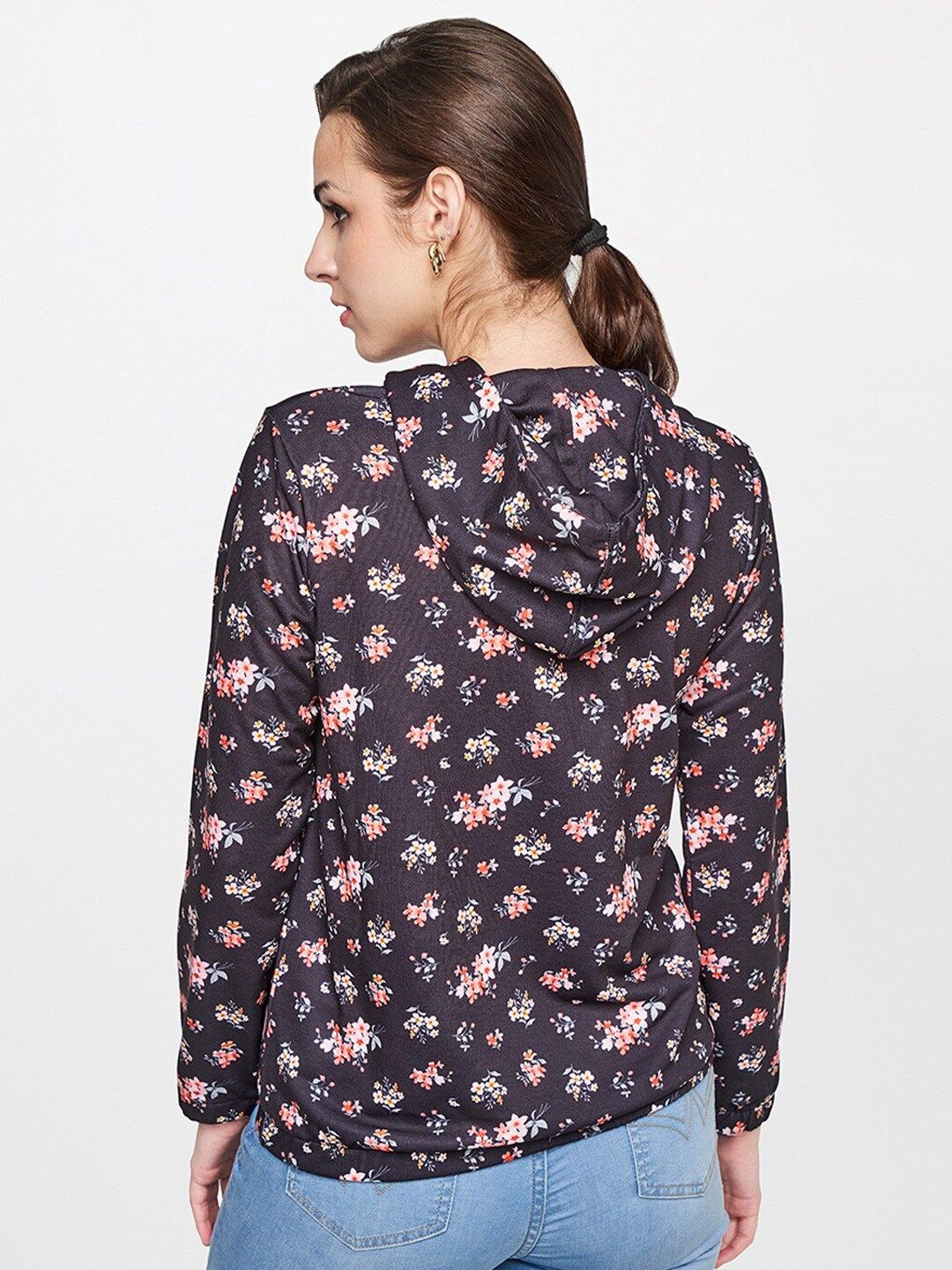AND Women Black & Peach Floral Print T-Shirt