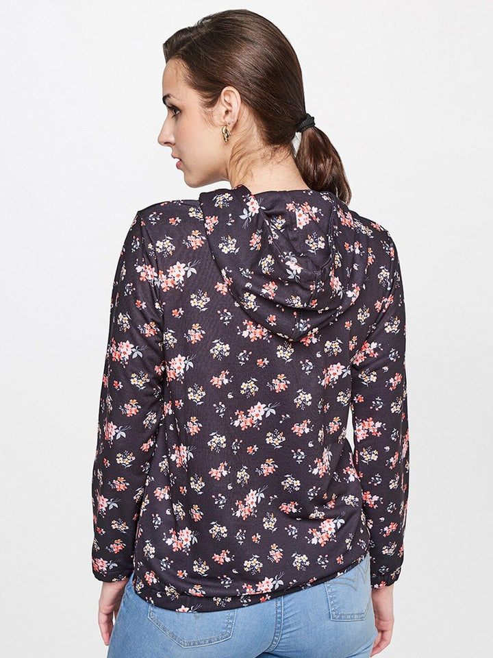 AND Women Black & Peach Floral Print T-Shirt