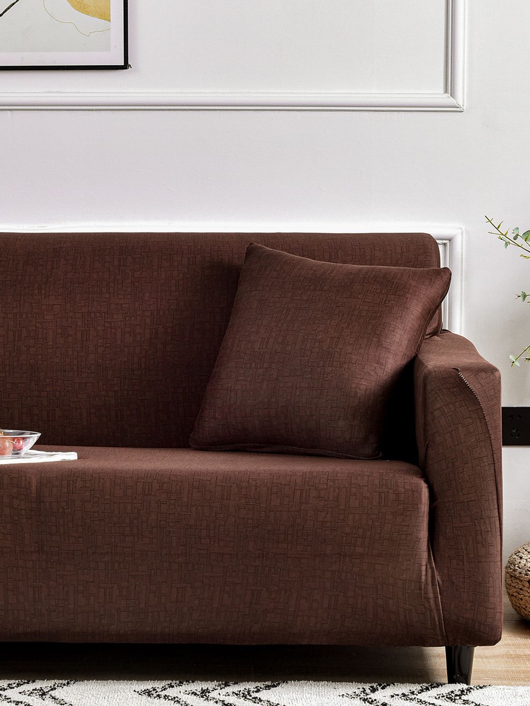 Story@home Brown Printed 2 Seater Stretchable Sofa Cover With Arms