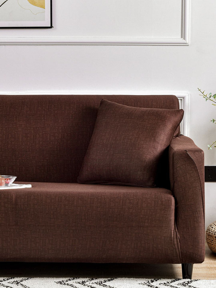Story@home Brown Printed 2 Seater Stretchable Sofa Cover With Arms