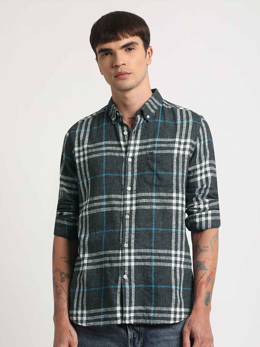 THE BEAR HOUSE Slim Fit Tartan Checked Button Down Collar Twill Casual Shirt