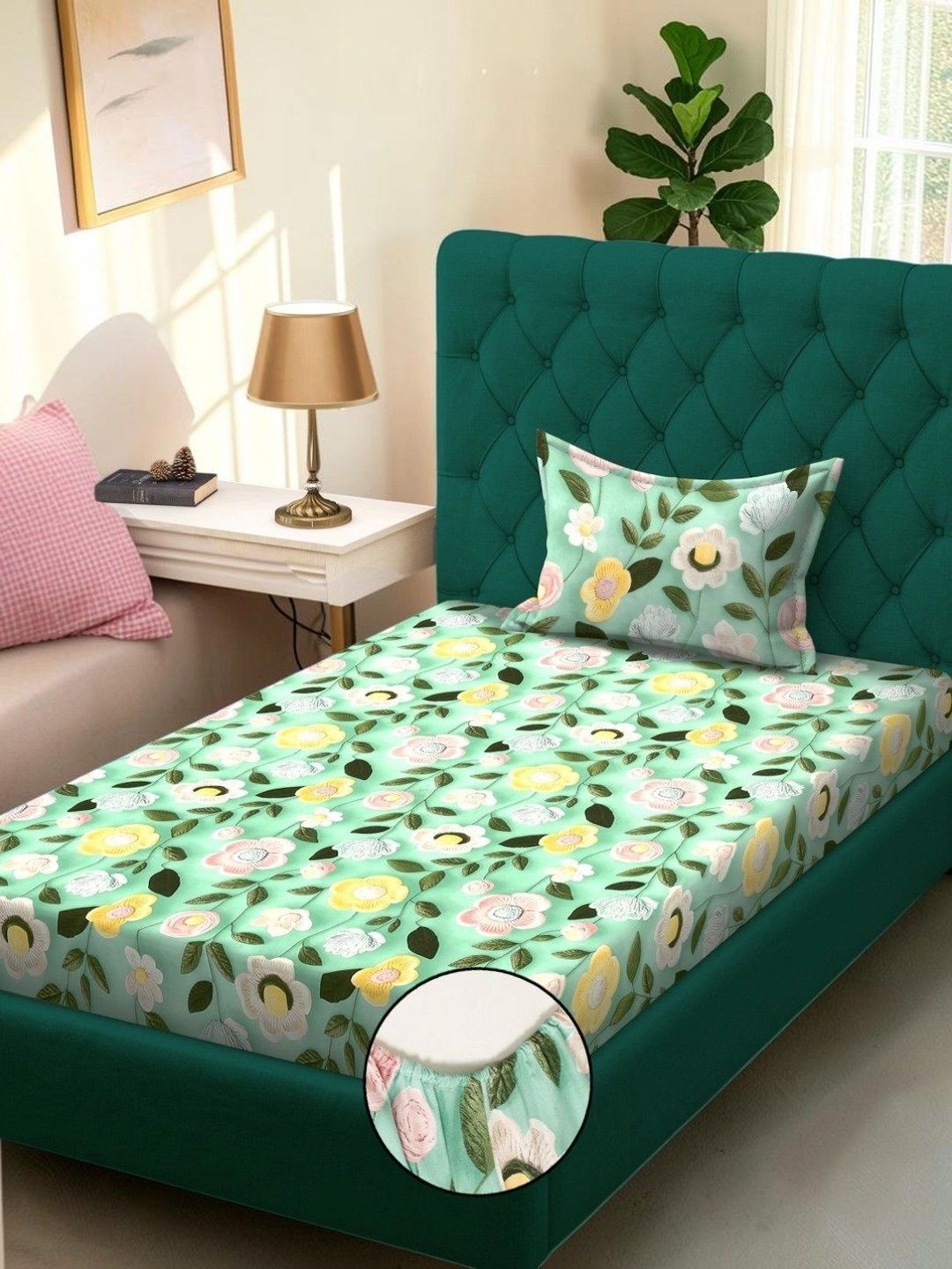 Moda Rapido X KLOTTHE Green & Pink Floral 300 TC Single Bedsheet with 1 Pillow Covers