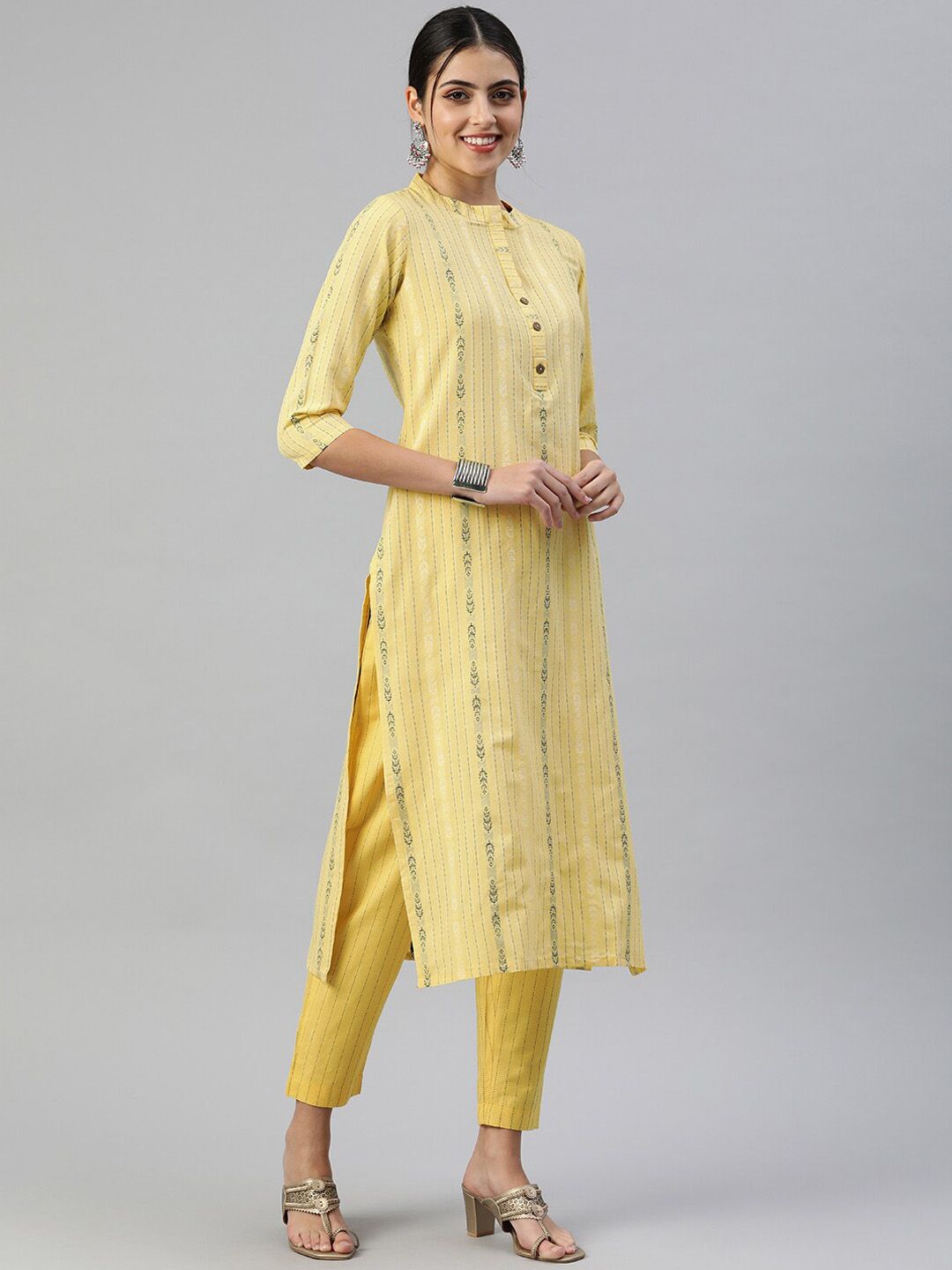 KALINI Striped Band Collar Straight Kurta with Trousers