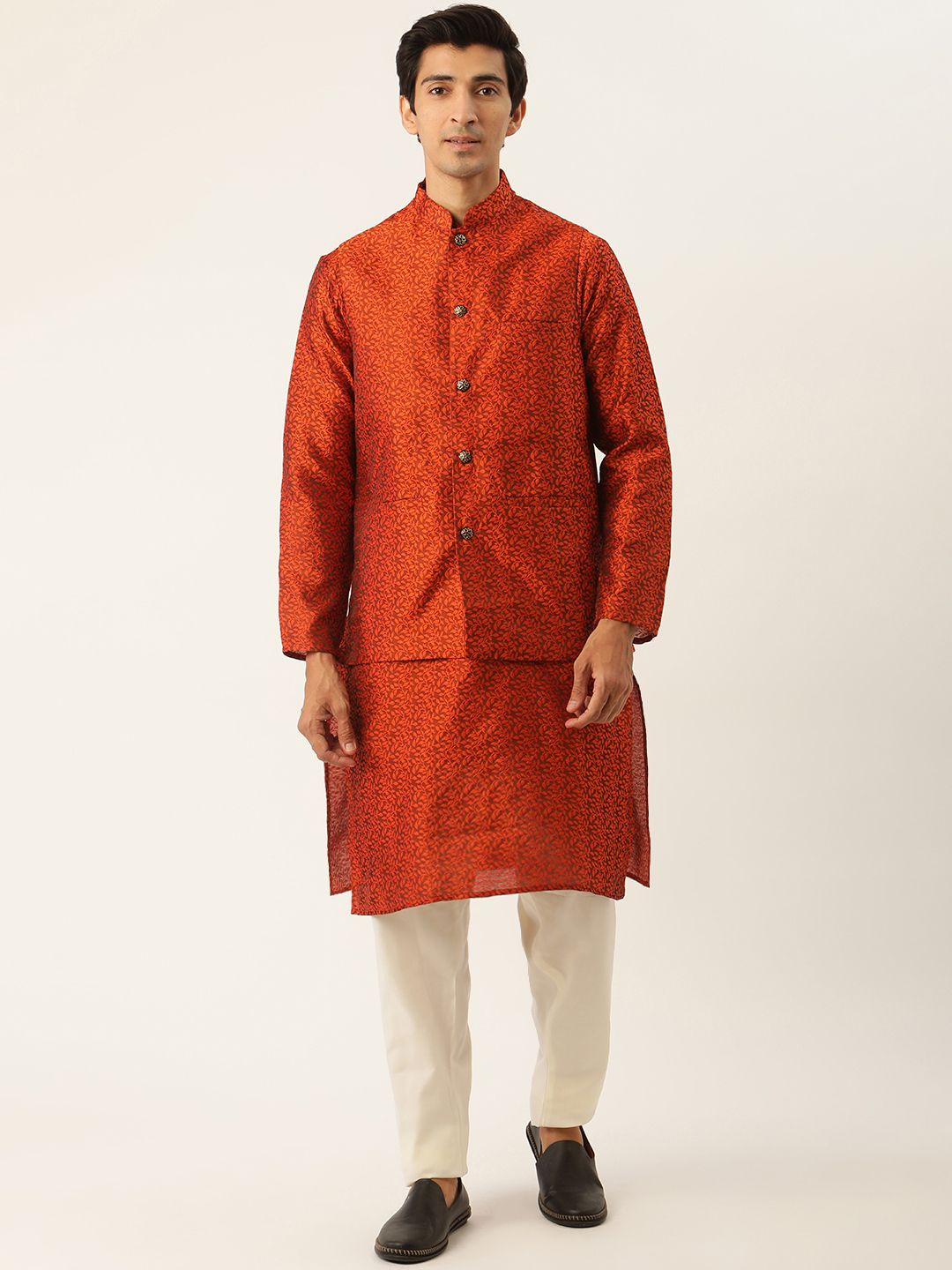 SOJANYA Kurta Rekaan Tenunan Merah & Putih Karang Lelaki dengan Piyama & Jaket Nehru