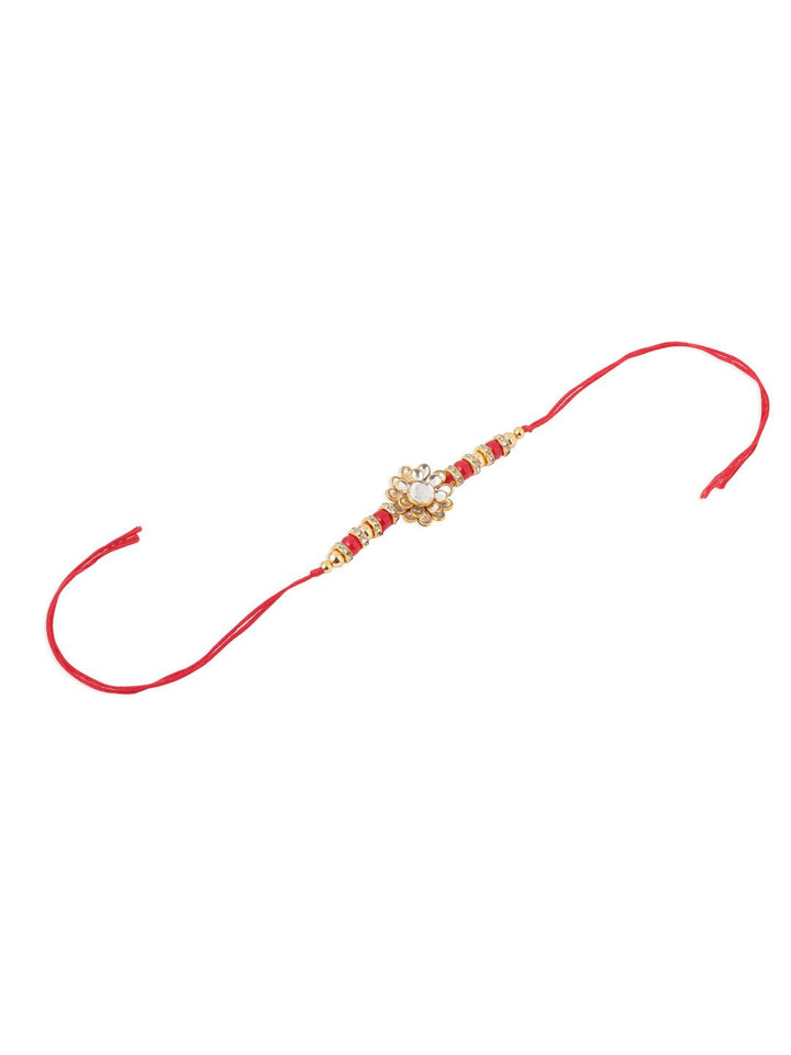 NVR Unisex Red Kundan Studded Floral  Thread Rakhi with Roli Chawal Chandan Mishri