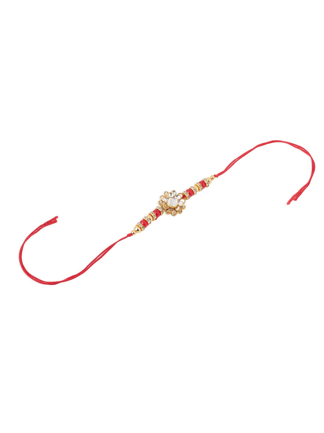 NVR Unisex Red Kundan Studded Floral  Thread Rakhi with Roli Chawal Chandan Mishri