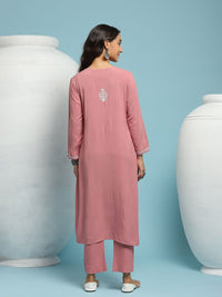 House of Chikankari Women Dark Pink Rayon Chikankari Sulam Set Kurta