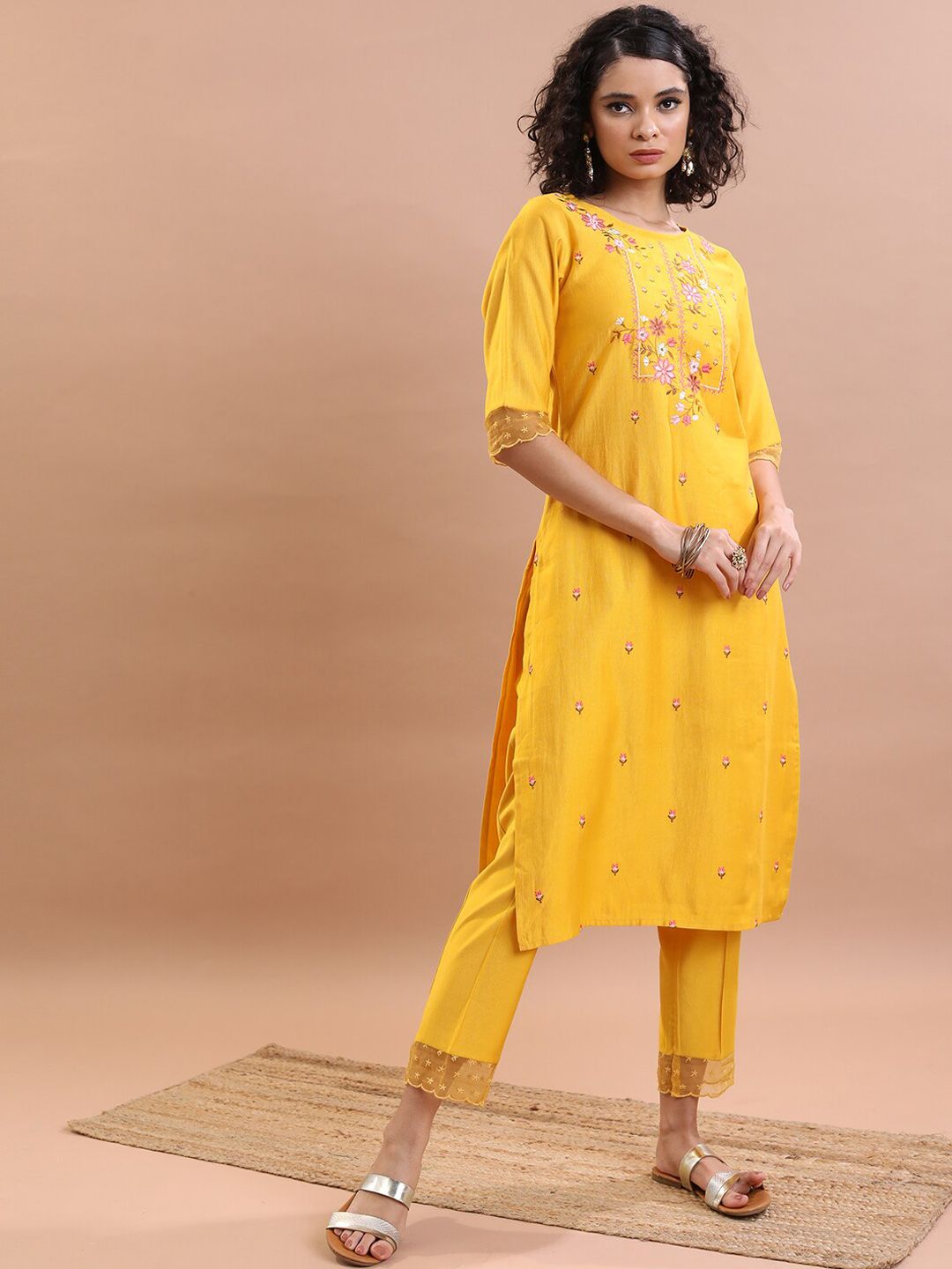 Vishudh Floral Embroidered Thread Work Kurta With Trousers & Dupatta