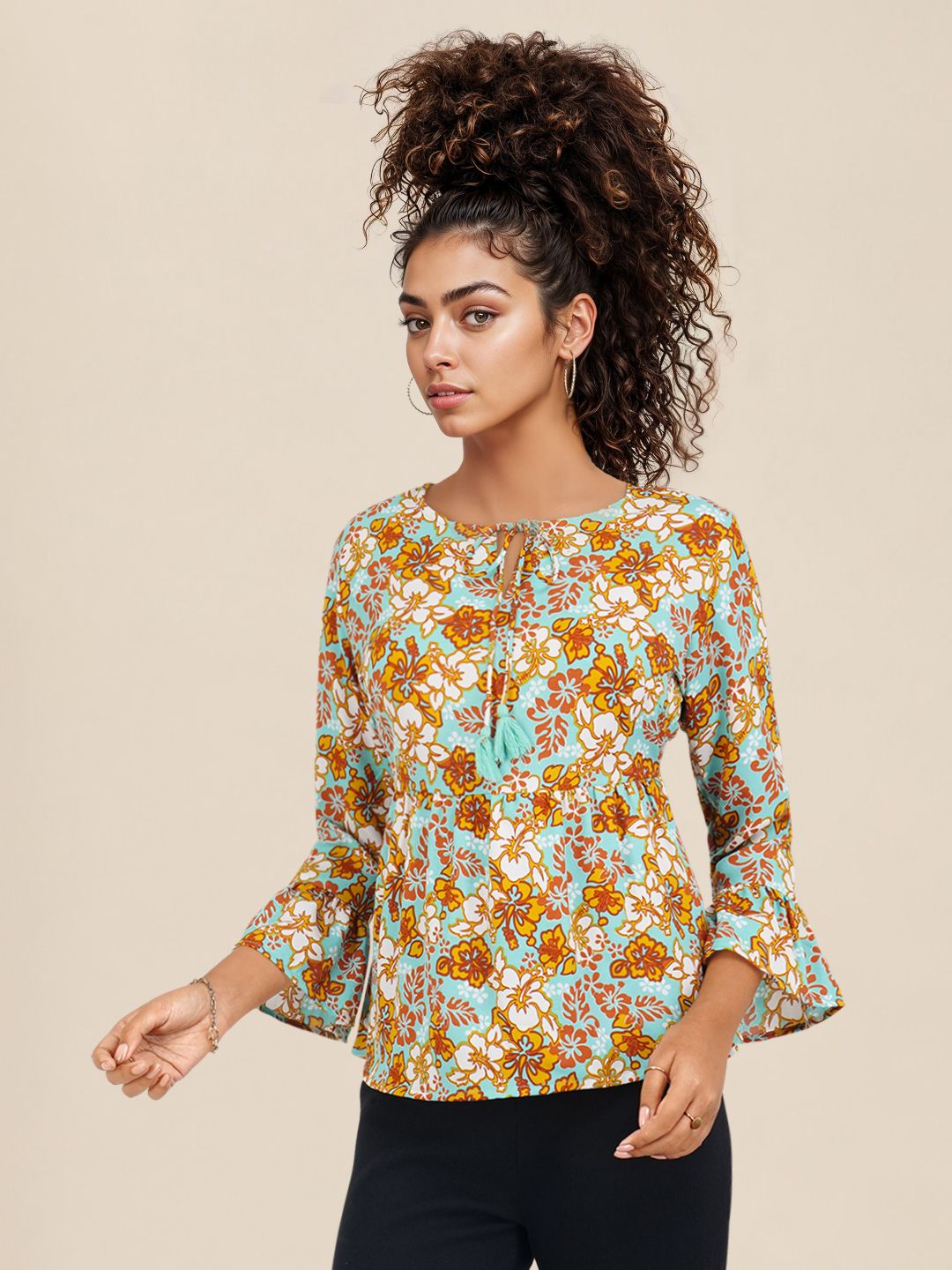 DressBerry Floral Print Bell Sleeve A-Line Top