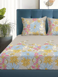 Story@home Arena Beige & Yellow Floral Printed 180 TC Queen Bedsheet & 2 Pillow Covers