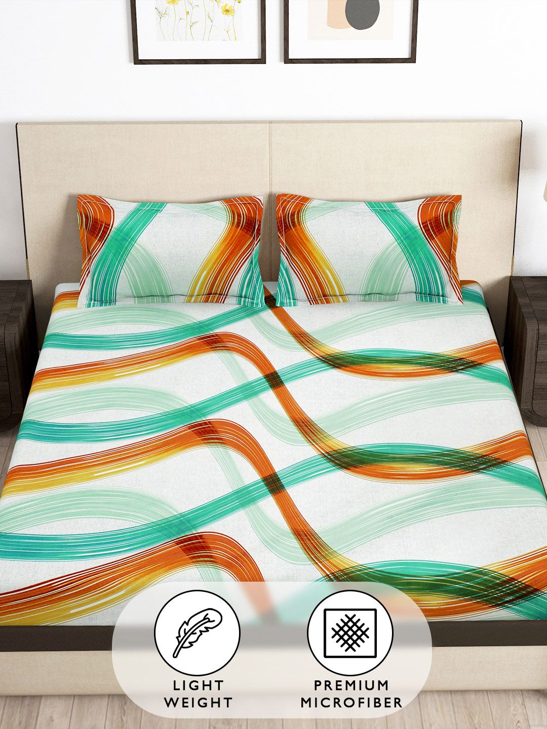 Story@home Arena White & Teal Printed 180 TC Fitted Queen Bedsheet With 2 Pillow Covers
