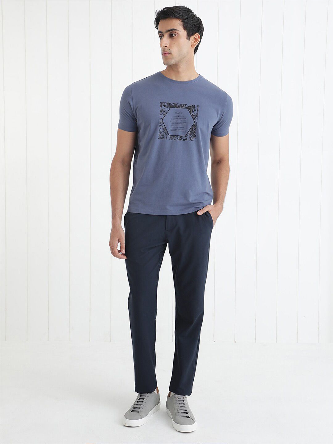 RARE RABBIT Men Creswen Round Neck Graphic Printed Slim Fit Cotton T-Shirt