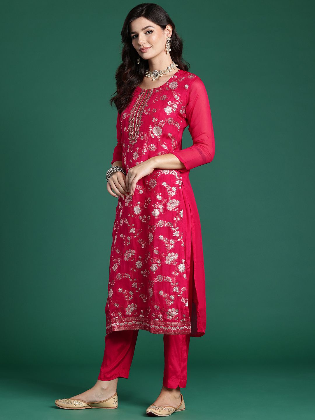 Indo Era Women Floral Embroidered Kurta With Trousers & Dupatta